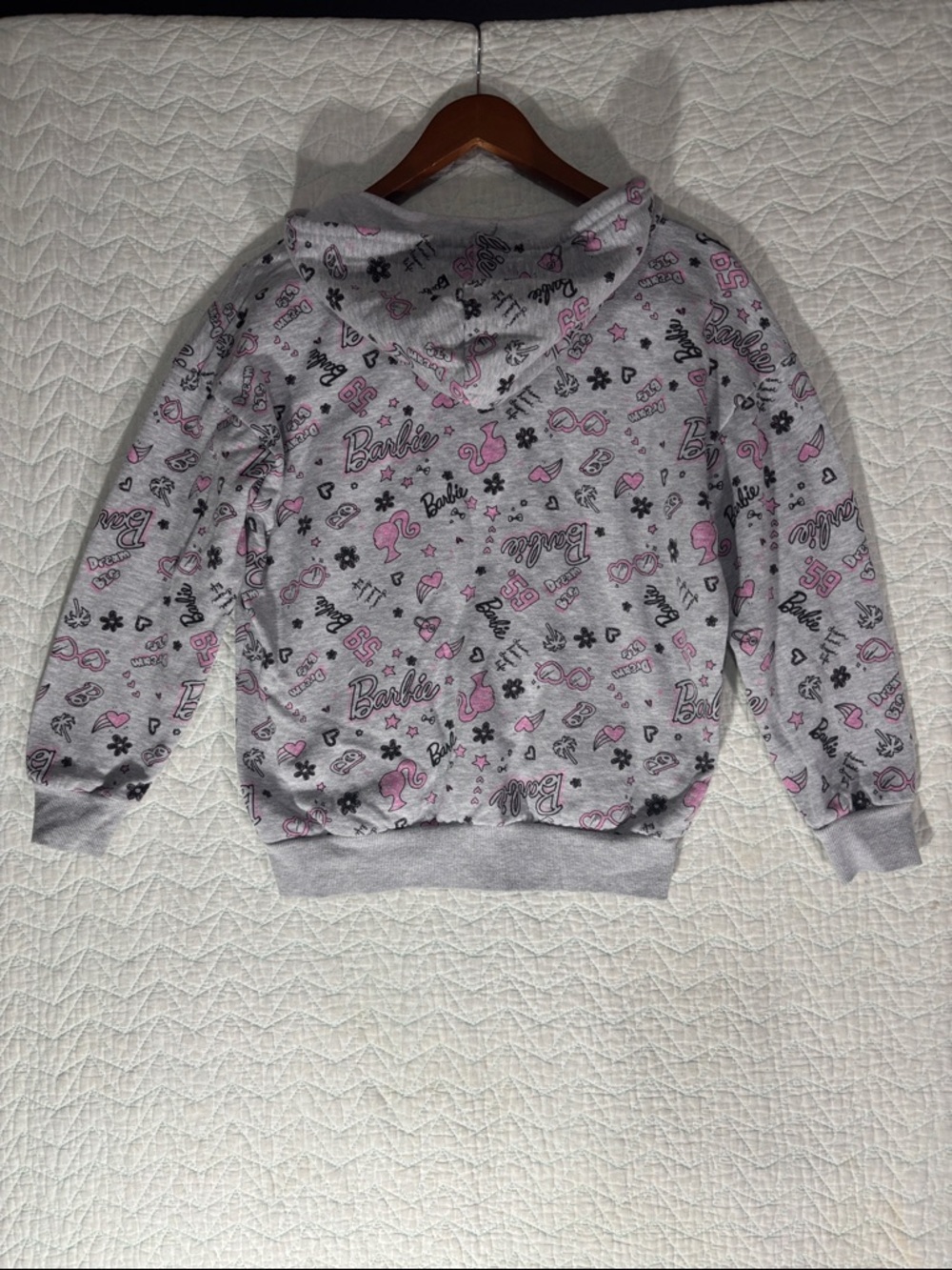 Barbie Gray Zip-Up Hoodie with Pink Drawstrings and All-Over Logo Print - Picture 5 of 5
